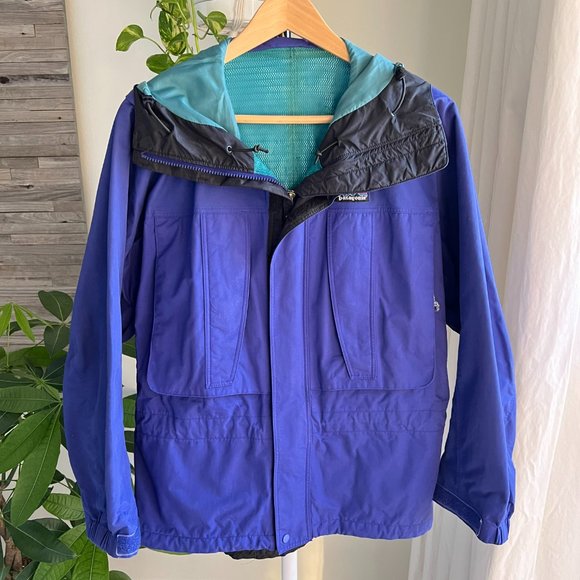 PATAGONIA Vintage 90s Blue and Teal Hooded Ski Shell Snowboarding Jacket